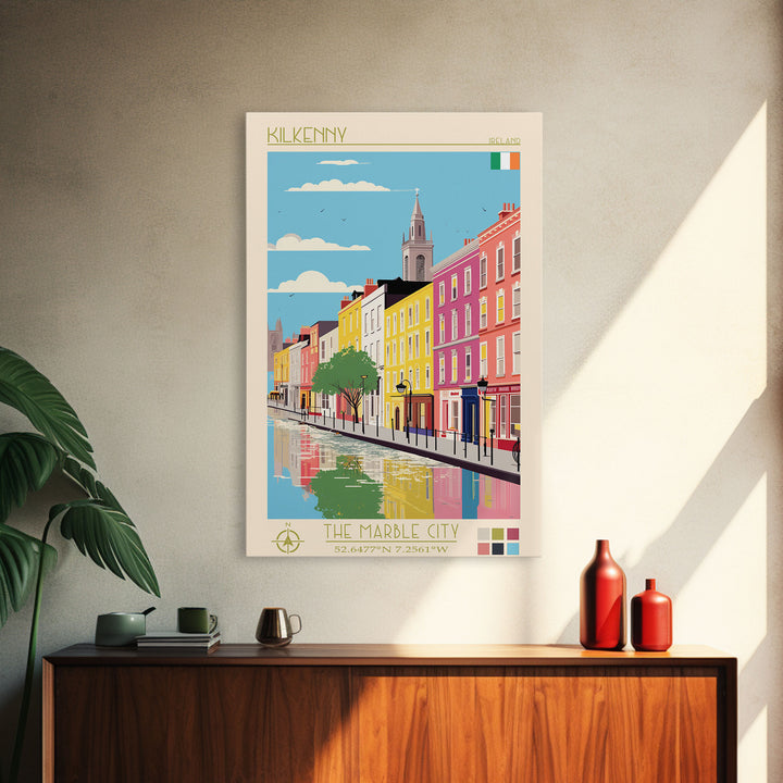 Kilkenny Ireland Travel Poster Framed Canvas Print, Midcentury Modern Art, Pop Art Wall Decor, Scenic Bedroom Art, Office Decoration