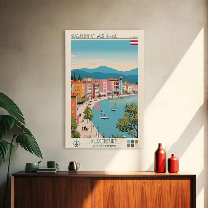 Klagenfurt am Wörthersee Austria Travel Poster Framed Canvas Print, Vintage Style, Pop Art Home Decor, Scenic Wall Art, Bedroom Decoration, Office Gift