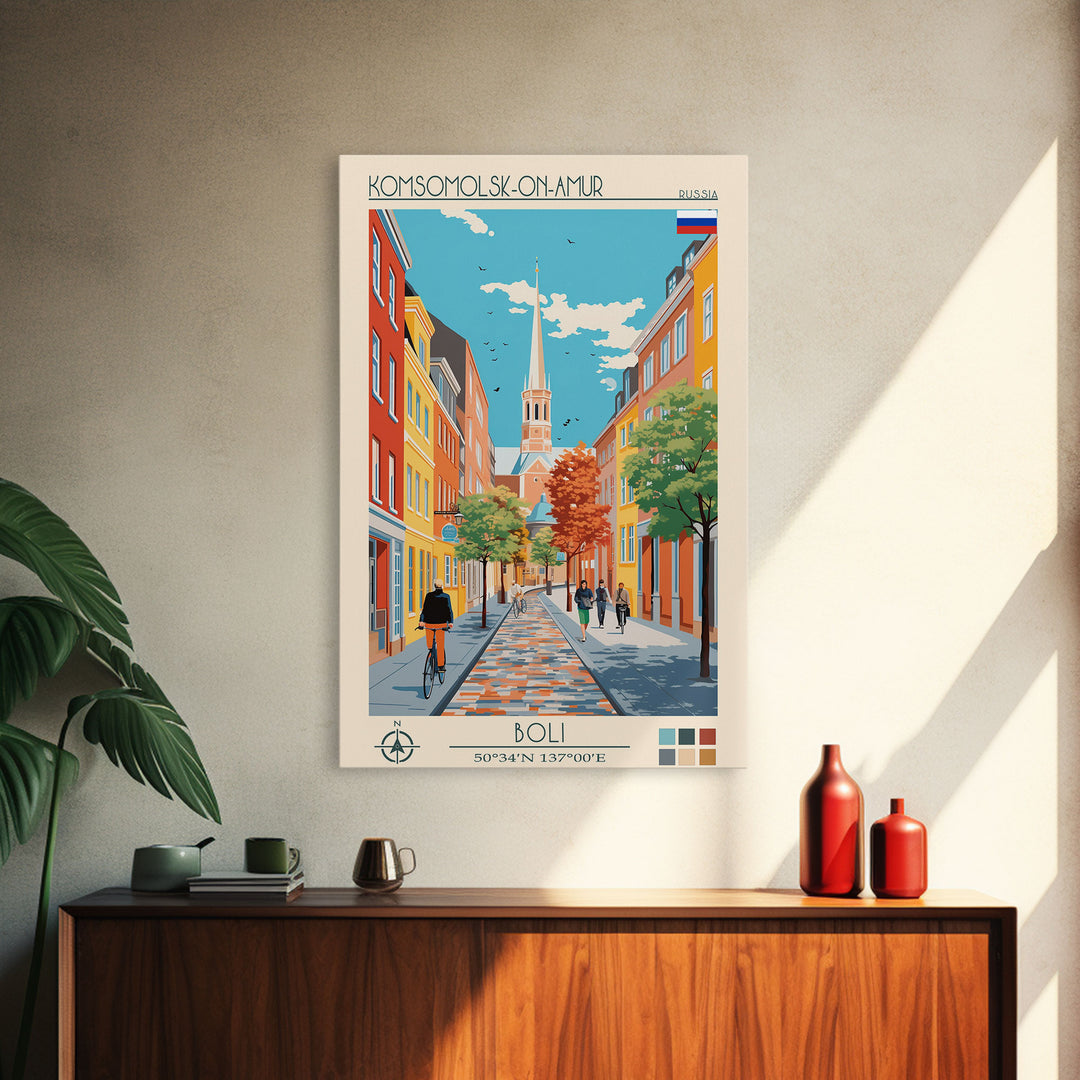 Komsomolsk on Amur Russia Travel Poster Framed Canvas Print, Midcentury Modern Art, Pop Art Wall Decor, Scenic Wall Art, Living Room Decoration, Office Art