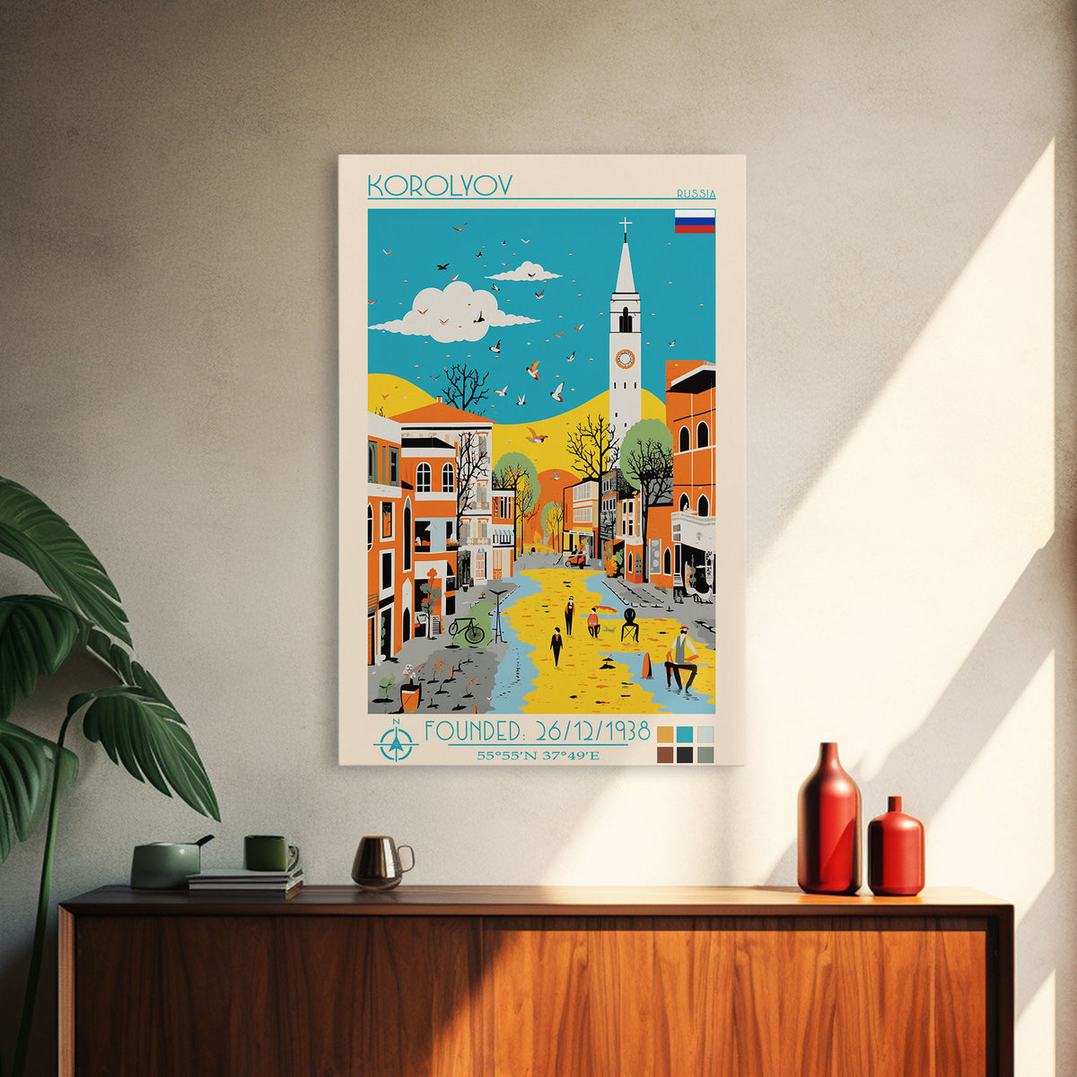 Korolyov Russia Travel Poster Framed Canvas Print, Midcentury Modern Art, Pop Art Wall Decor, Scenic Bedroom Art, Office Decoration