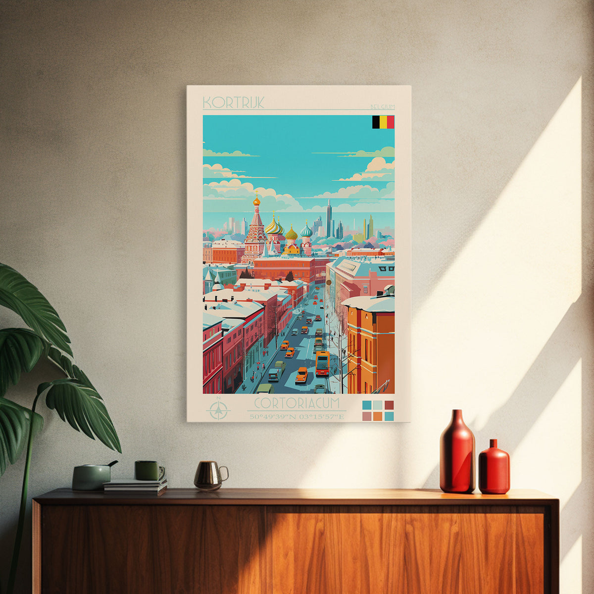 Kortrijk Belgium Travel Poster Framed Canvas Print, Midcentury Modern Art, Pop Art Wall Decor, Scenic Living Room Art, Bedroom Decor