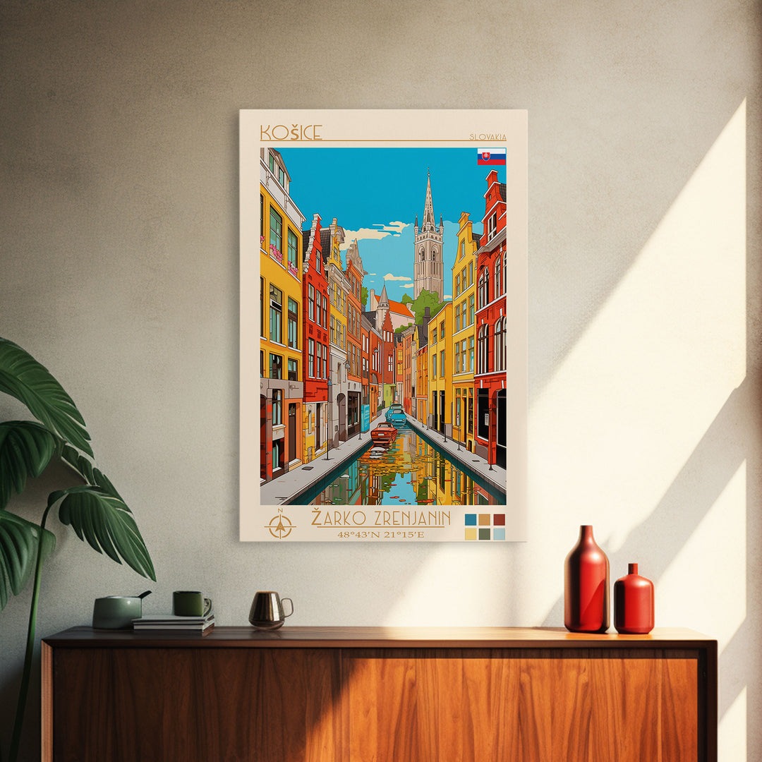 Košice Slovakia Travel Poster Framed Canvas Print, Midcentury Modern Art, Pop Art Wall Decor, Scenic Living Room Art, Bedroom Gift