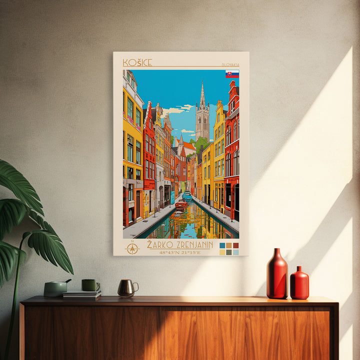 Košice Slovakia Travel Poster Framed Canvas Print, Midcentury Modern Art, Pop Art Wall Decor, Scenic Living Room Art, Bedroom Gift