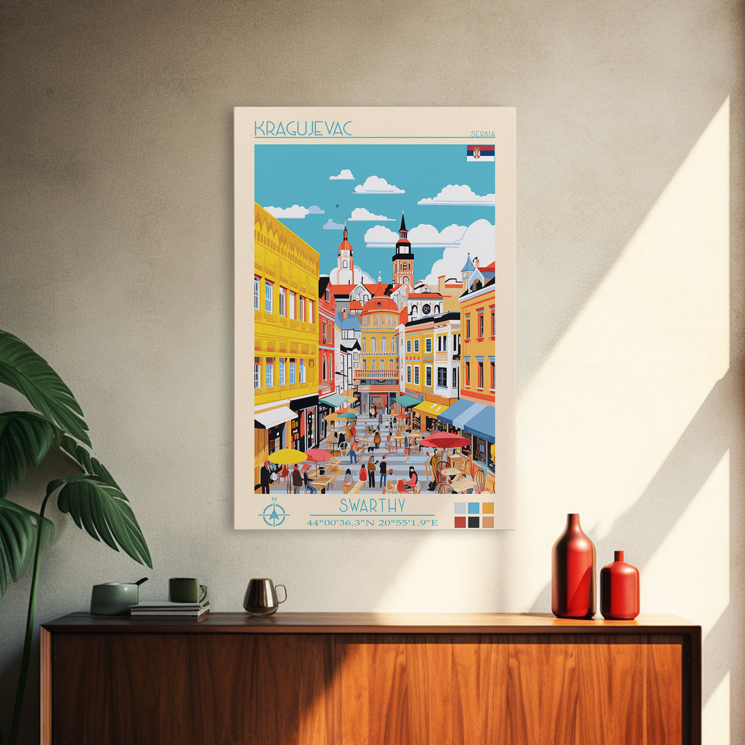 Kragujevac Serbia Travel Poster Framed Canvas Print, Midcentury Modern Art, Pop Art Wall Decor, Scenic Wall Art, Living Room Decoration, Office Art