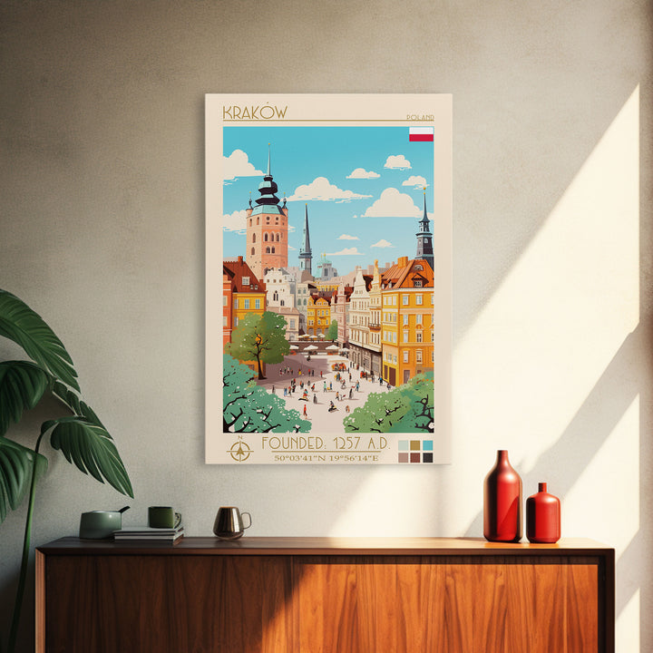 Kraków Poland Travel Poster Framed Canvas Print, Midcentury Modern Art, Pop Art Wall Decor, Home Decor, Vacation Gift, Bedroom Art