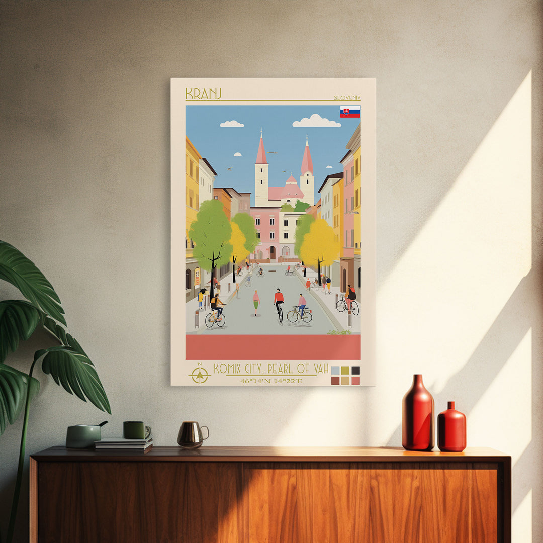 Kranj Slovenia Travel Poster Framed Canvas Print, Midcentury Modern Art, Pop Art Wall Decor, Scenic Wall Art, Bedroom Decoration
