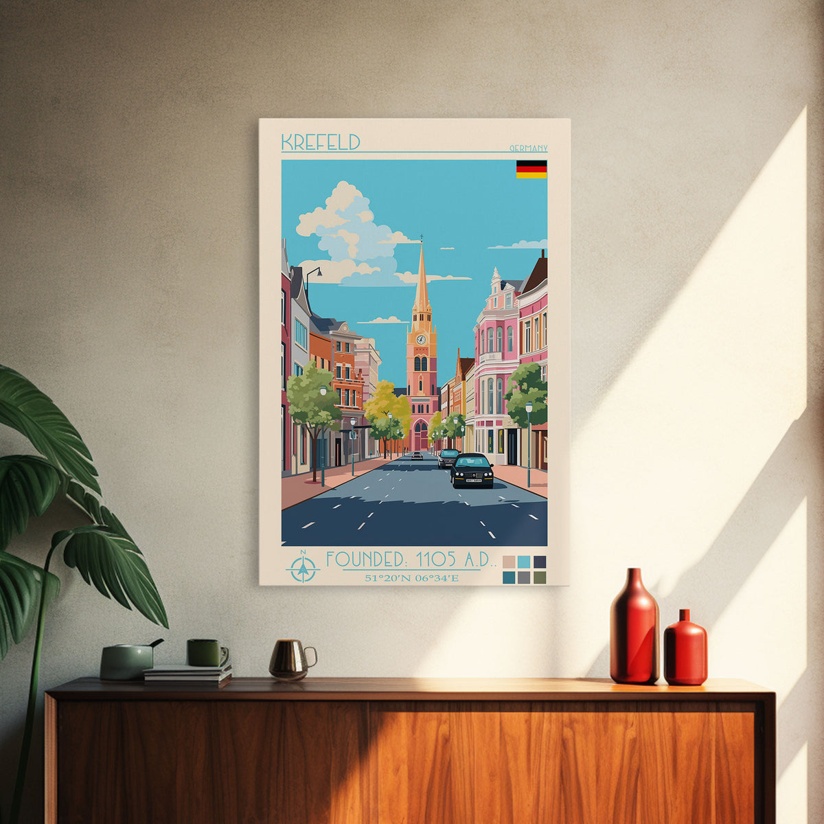Krefeld Germany Travel Poster Framed Canvas Print, Midcentury Modern Art, Pop Art Wall Decor, Scenic Living Room Art, Bedroom Decor
