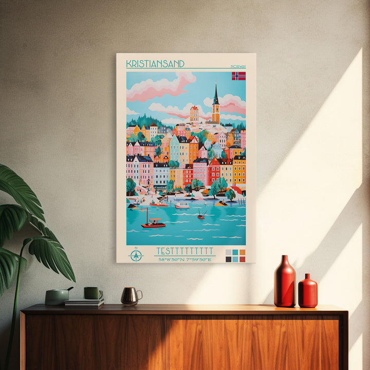 Kristiansand Norway Travel Poster Framed Canvas Print, Vintage Style, Pop Art Home Decor, Scenic Wall Art, Bedroom Decoration, Office Gift