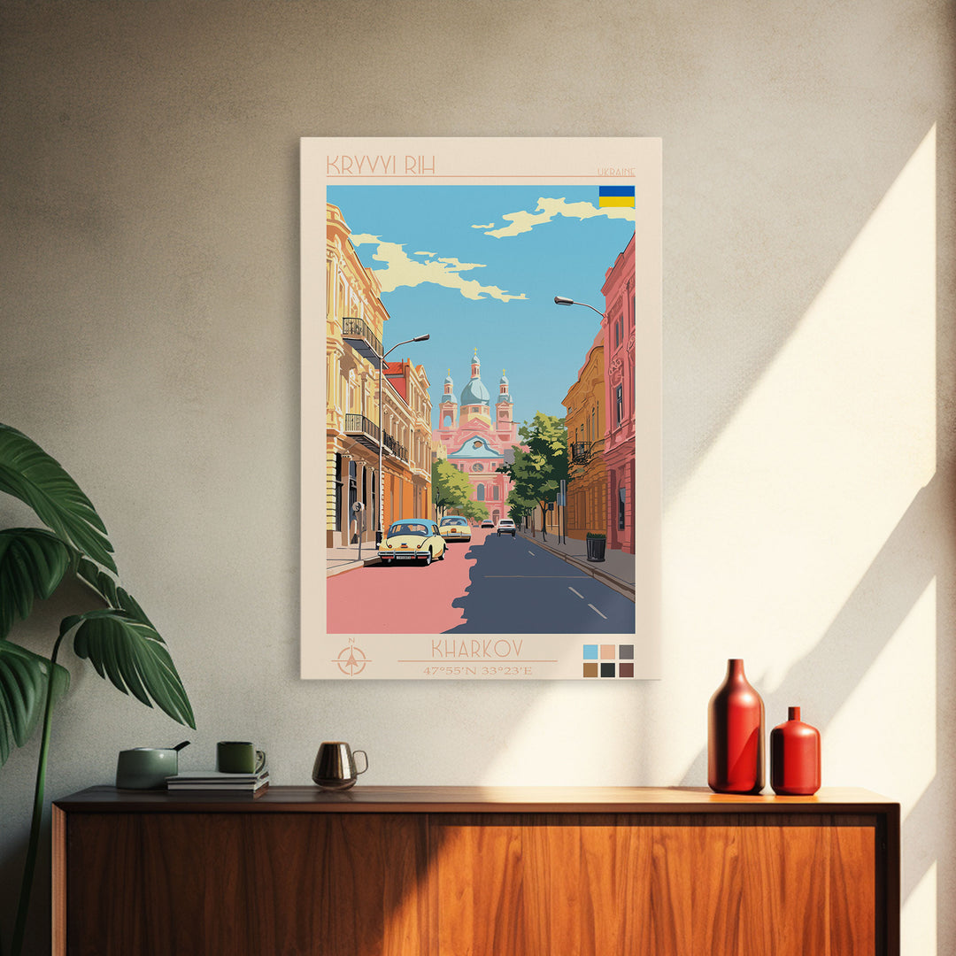 Kryvyi Rih Ukraine Travel Poster Framed Canvas Print, Midcentury Modern Art, Pop Art Wall Decor, Scenic Wall Art, Living Room Decoration, Office Art