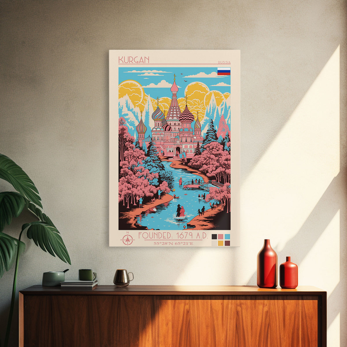 Kurgan Russia Travel Poster Framed Canvas Print, Midcentury Modern Art, Pop Art Wall Decor, Scenic Wall Art, Living Room Decoration, Office Gift