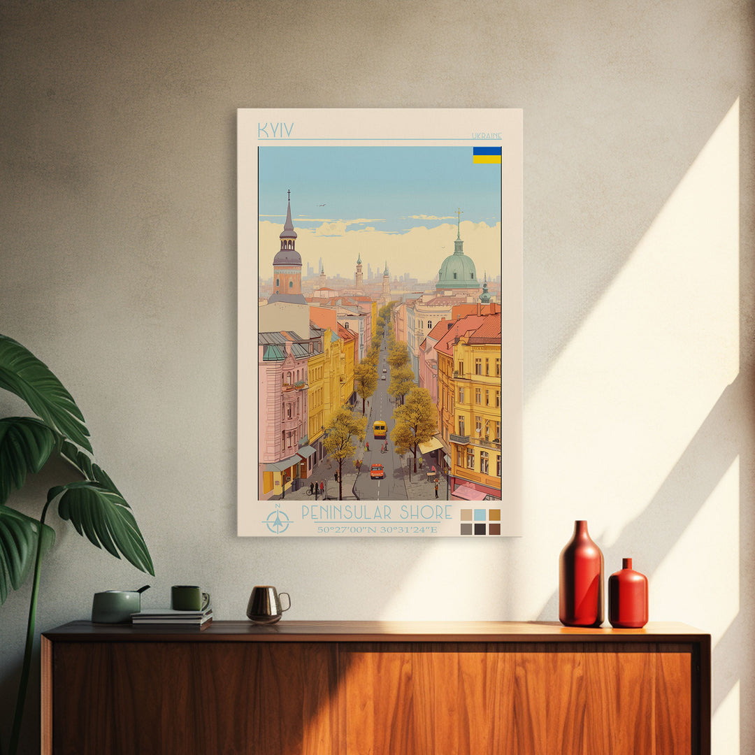 Kyiv Ukraine Travel Poster Framed Canvas Print, Vintage Style, Pop Art Home Decor, Scenic Wall Art, Bedroom Decoration, Office Gift