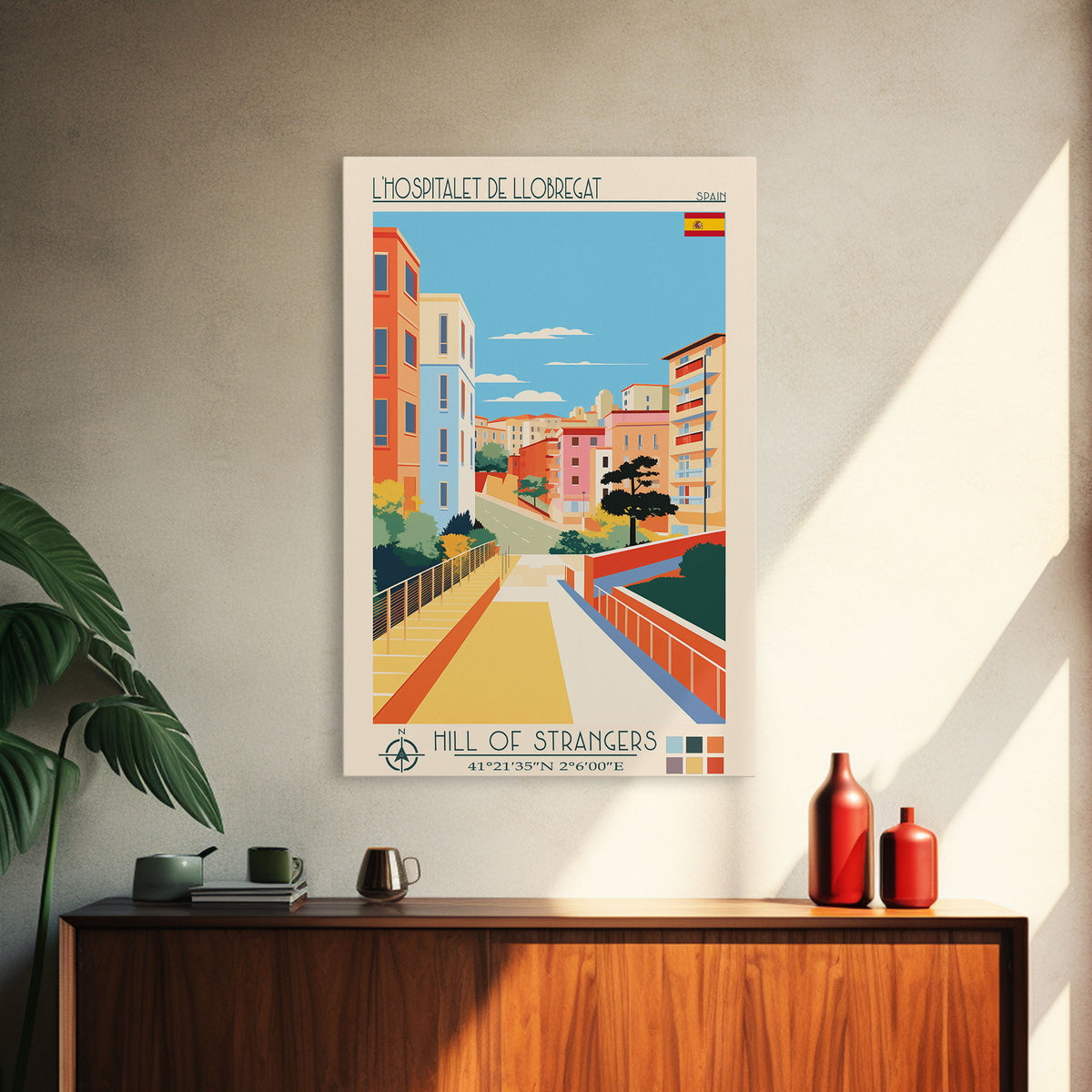 L'Hospitalet de Llobregat Spain Travel Poster Framed Canvas Print, Midcentury Modern Art, Pop Art Wall Decor, Home Decor, Vacation Gift, Office Art