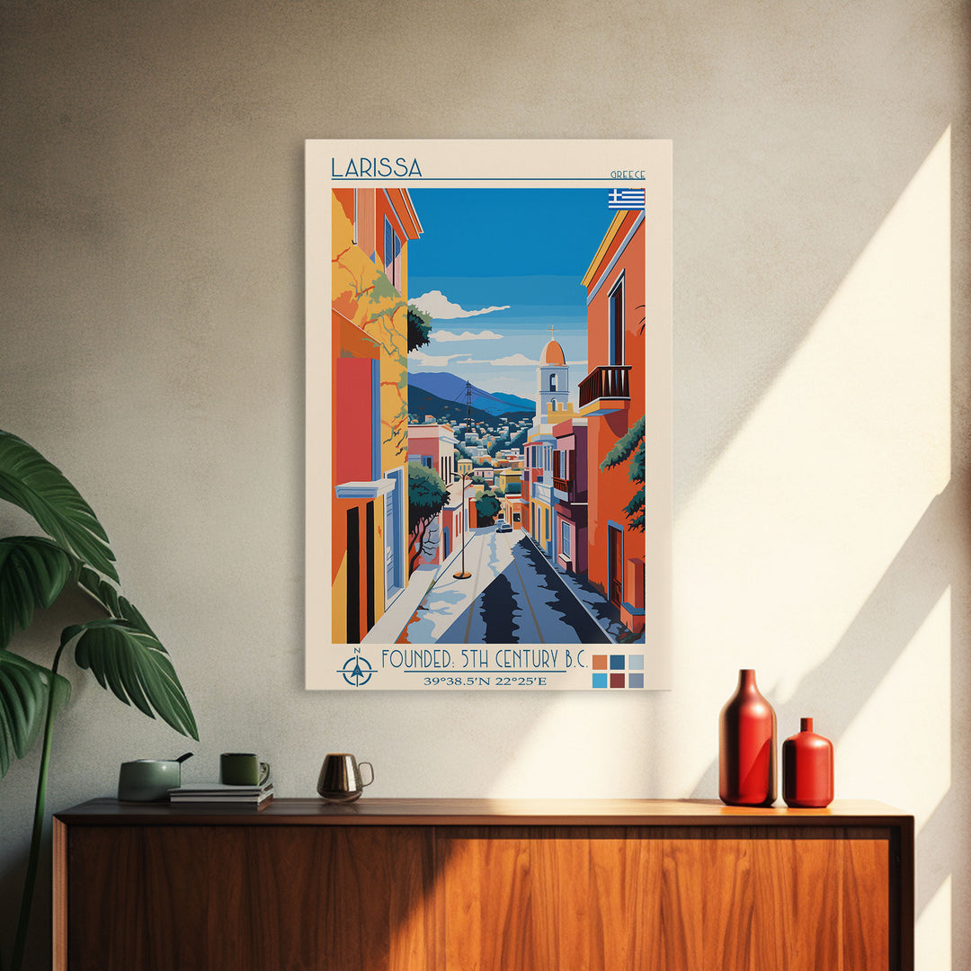 Larissa Greece Travel Poster Framed Canvas Print, Midcentury Modern Art, Pop Art Wall Decor, Scenic Wall Art, Living Room Decoration, Office Gift