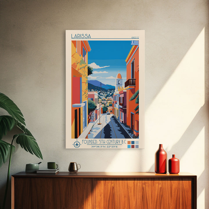 Larissa Greece Travel Poster Framed Canvas Print, Midcentury Modern Art, Pop Art Wall Decor, Scenic Wall Art, Living Room Decoration, Office Gift