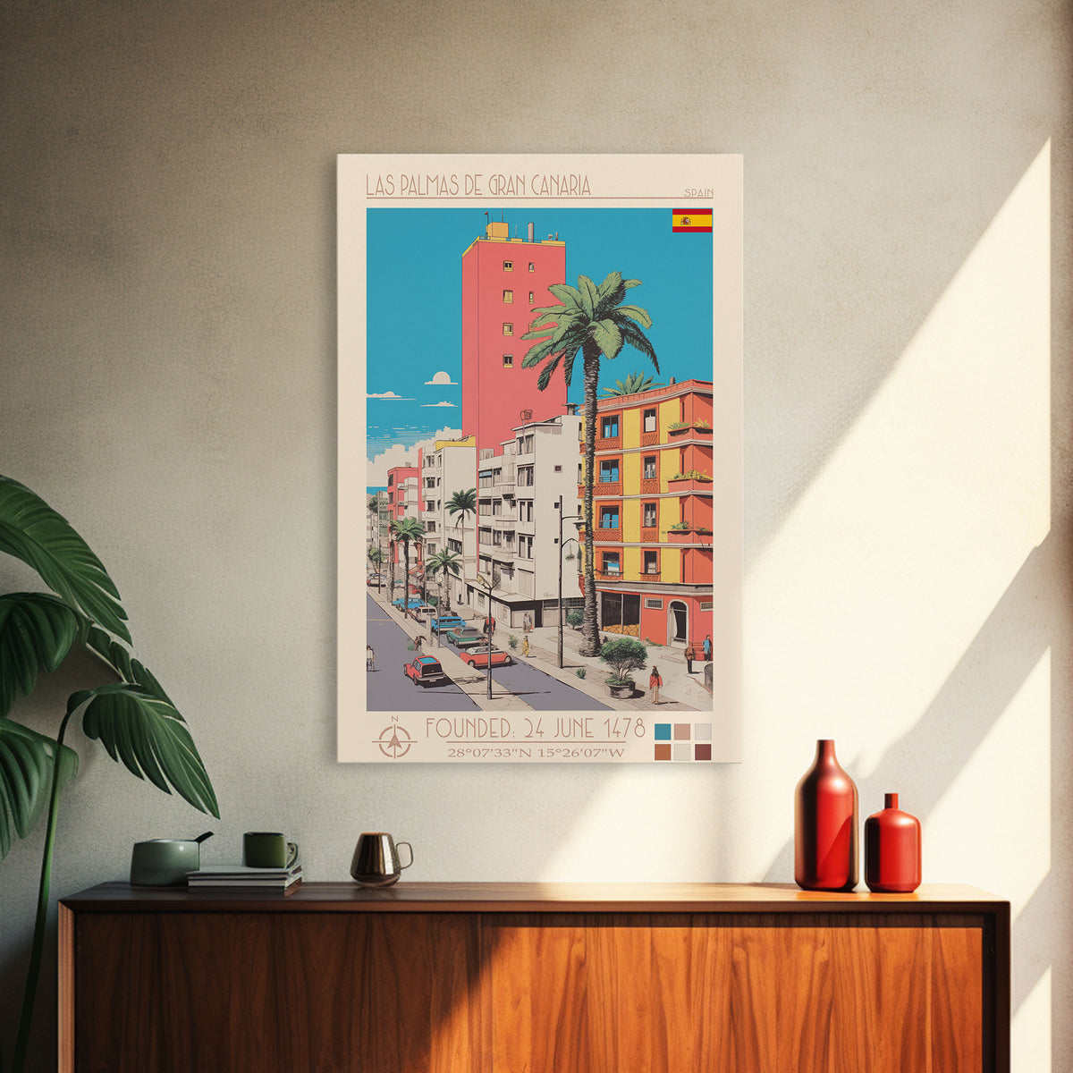 Las Palmas de Gran Canaria Spain Travel Poster Framed Canvas Print, Midcentury Modern Art, Pop Art Wall Decor, Scenic Wall Art, Bedroom Decoration