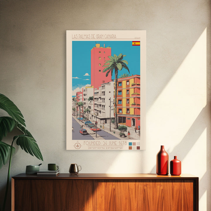 Las Palmas de Gran Canaria Spain Travel Poster Framed Canvas Print, Midcentury Modern Art, Pop Art Wall Decor, Scenic Wall Art, Bedroom Decoration