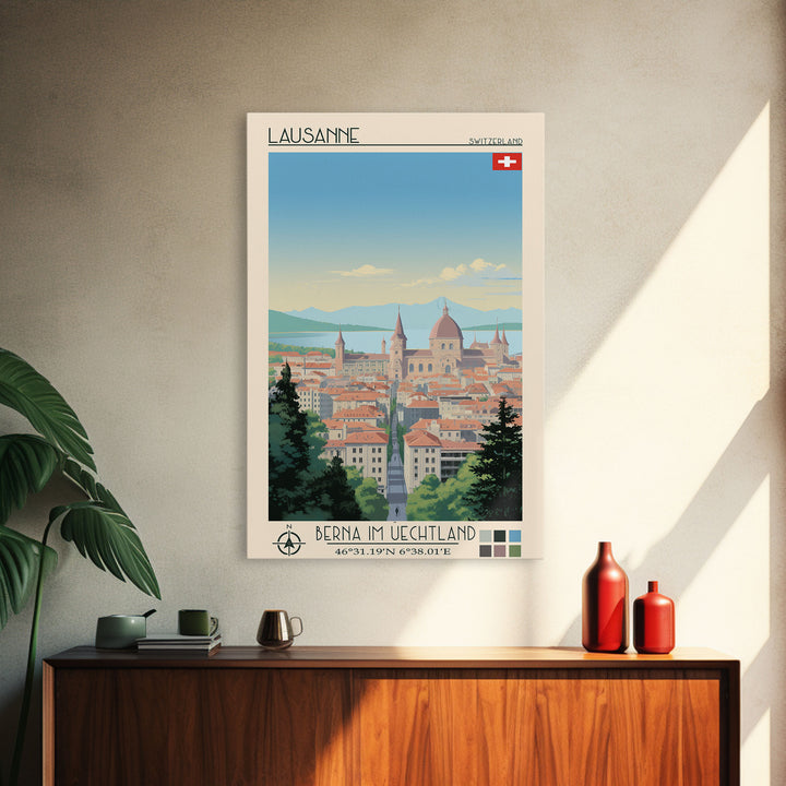 Lausanne Switzerland Travel Poster Framed Canvas Print, Midcentury Modern Art, Pop Art Wall Decor, Scenic Wall Art, Living Room Decoration, Office Art