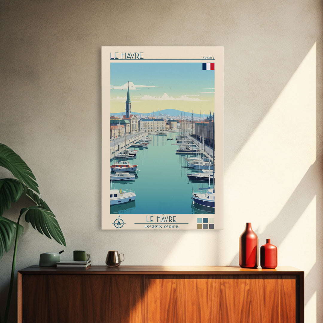 Le Havre France Travel Poster Framed Canvas Print, Midcentury Modern Art, Pop Art Wall Decor, Scenic Bedroom Art, Office Decoration