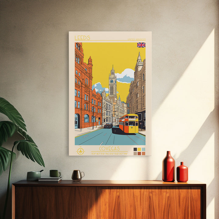 Leeds United Kingdom Travel Poster Framed Canvas Print, Midcentury Modern Art, Pop Art Wall Decor, Scenic Living Room Art, Bedroom Decor