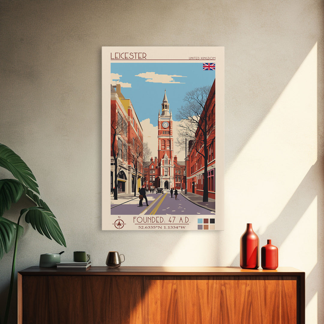 Leicester United Kingdom Travel Poster Framed Canvas Print, Midcentury Modern Art, Pop Art Wall Decor, Home Decor, Vacation Gift, Office Art
