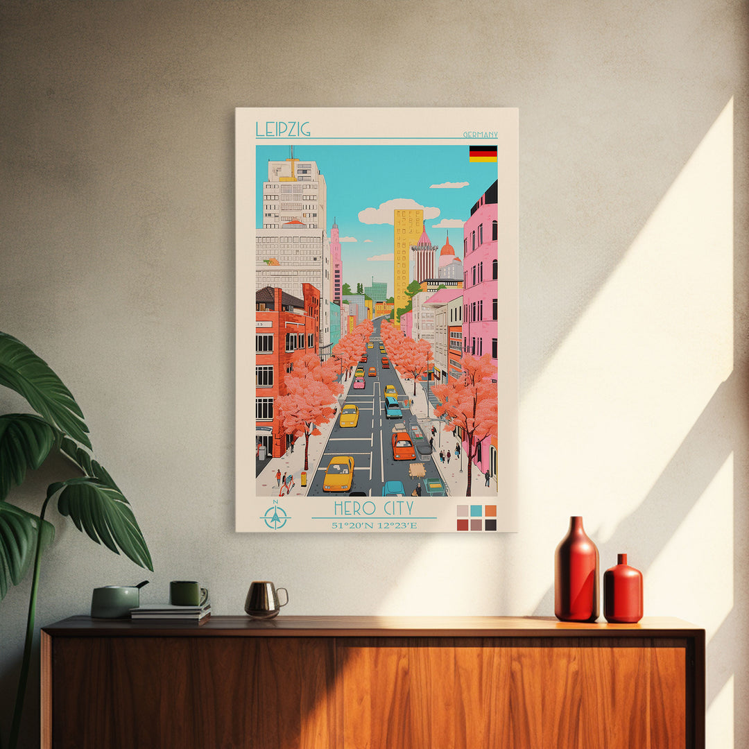 Leipzig Germany Travel Poster Framed Canvas Print, Midcentury Modern Art, Pop Art Wall Decor, Scenic Living Room Art, Bedroom Gift