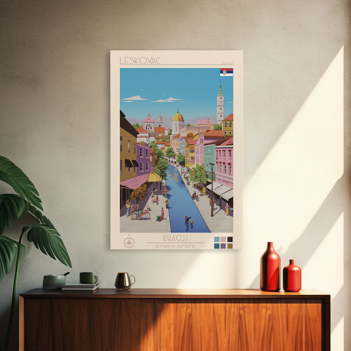 Leskovac Serbia Travel Poster Framed Canvas Print, Midcentury Modern Art, Pop Art Wall Decor, Scenic Wall Art, Living Room Decoration, Office Art