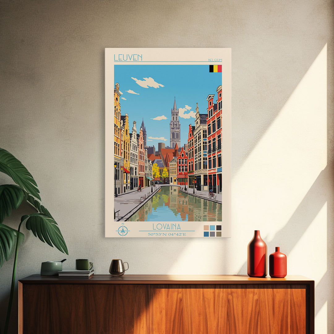 Leuven Belgium Travel Poster Framed Canvas Print, Midcentury Modern Art, Pop Art Wall Decor, Home Decor, Vacation Gift, Bedroom Art