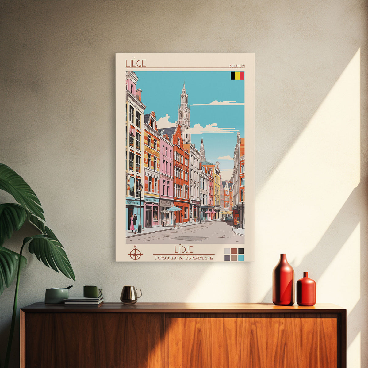 Liège Belgium Travel Poster Framed Canvas Print, Midcentury Modern Art, Pop Art Wall Decor, Scenic Art, Home and Office Decoration
