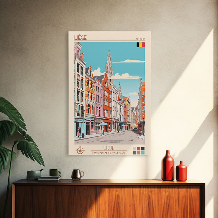 Liège Belgium Travel Poster Framed Canvas Print, Midcentury Modern Art, Pop Art Wall Decor, Scenic Art, Home and Office Decoration