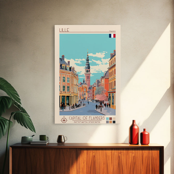 Lille France Travel Poster Framed Canvas Print, Midcentury Modern Art, Pop Art Wall Decor, Scenic Wall Art, Bedroom Decoration, Office Art