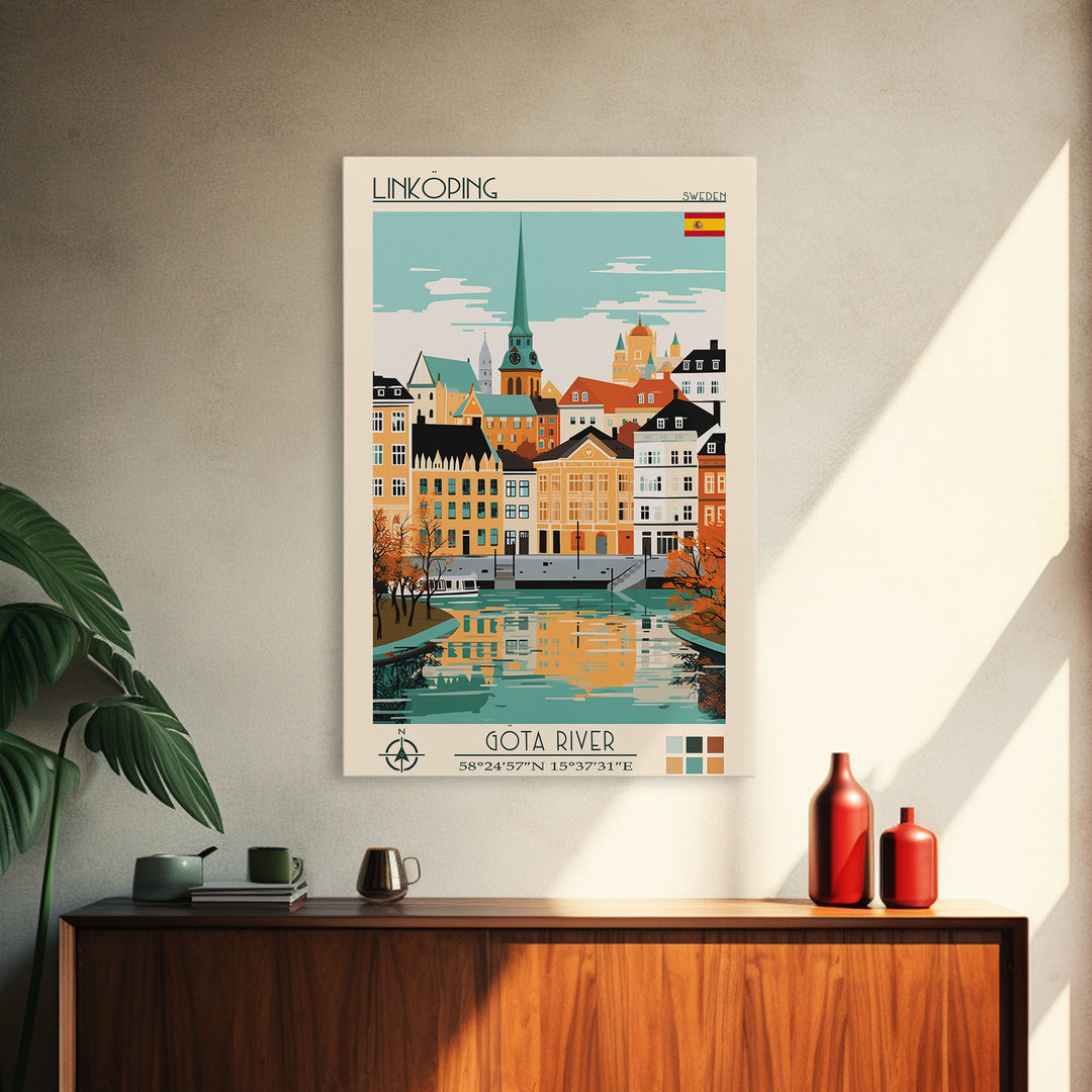 Linköping Sweden Travel Poster Framed Canvas Print, Midcentury Modern Art, Pop Art Wall Decor, Scenic Art, Home and Office Decoration