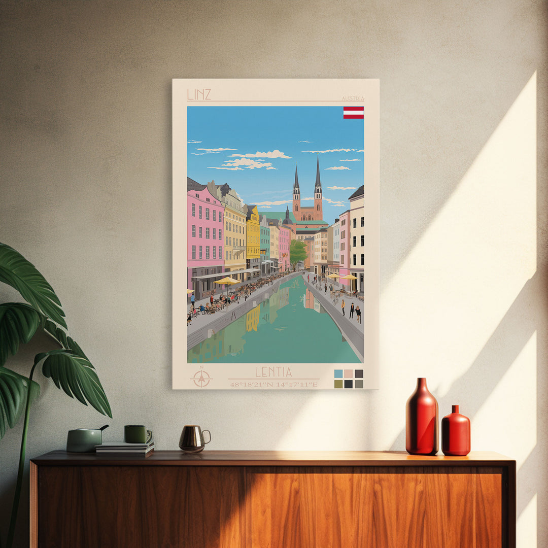 Linz Austria Travel Poster Framed Canvas Print, Wall Decor, Midcentury Modern Art, Pop Art, Scenic Art for Bedroom and Living Room