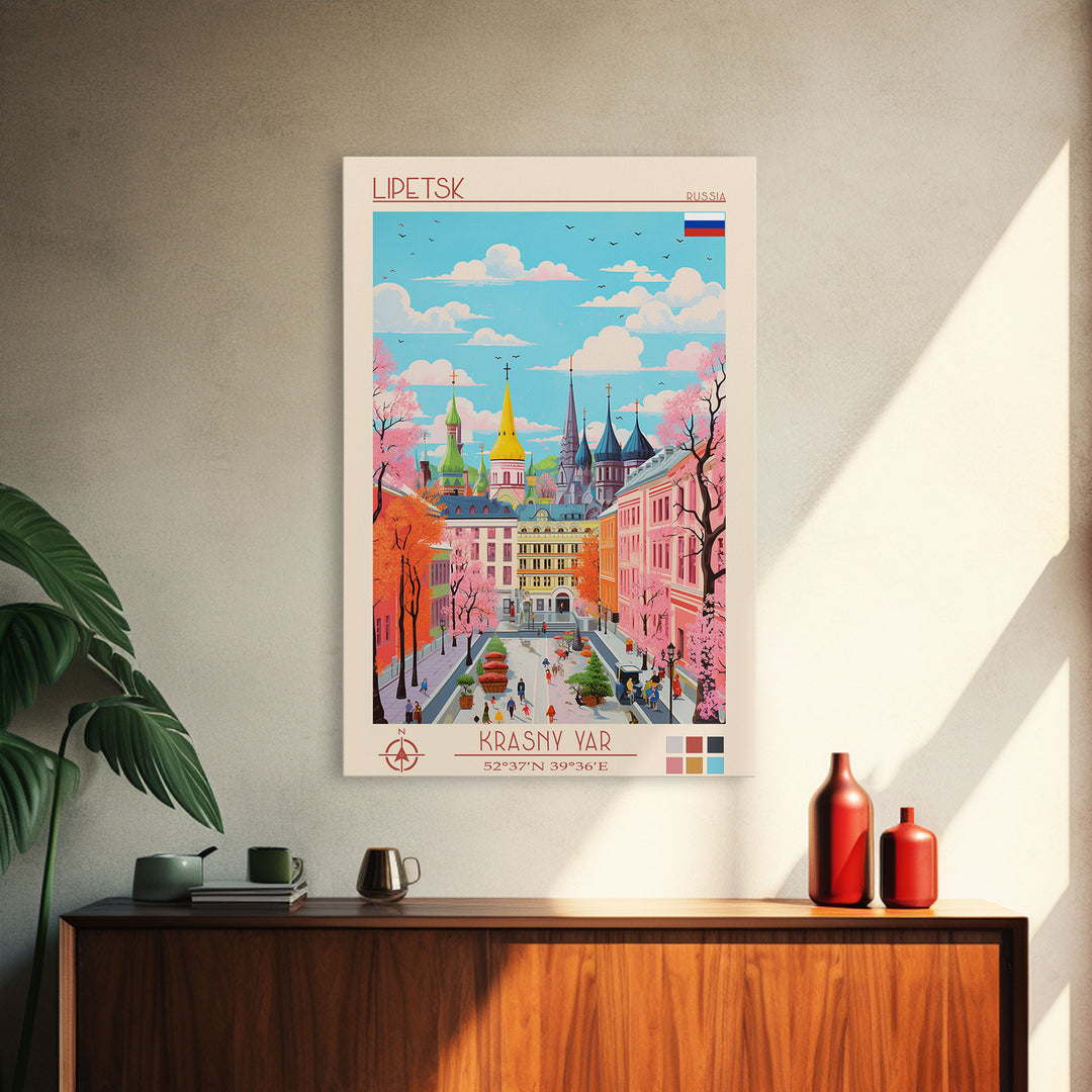 Lipetsk Russia Travel Poster Framed Canvas Print, Midcentury Modern Art, Pop Art Wall Decor, Scenic Art, Home and Office Decoration