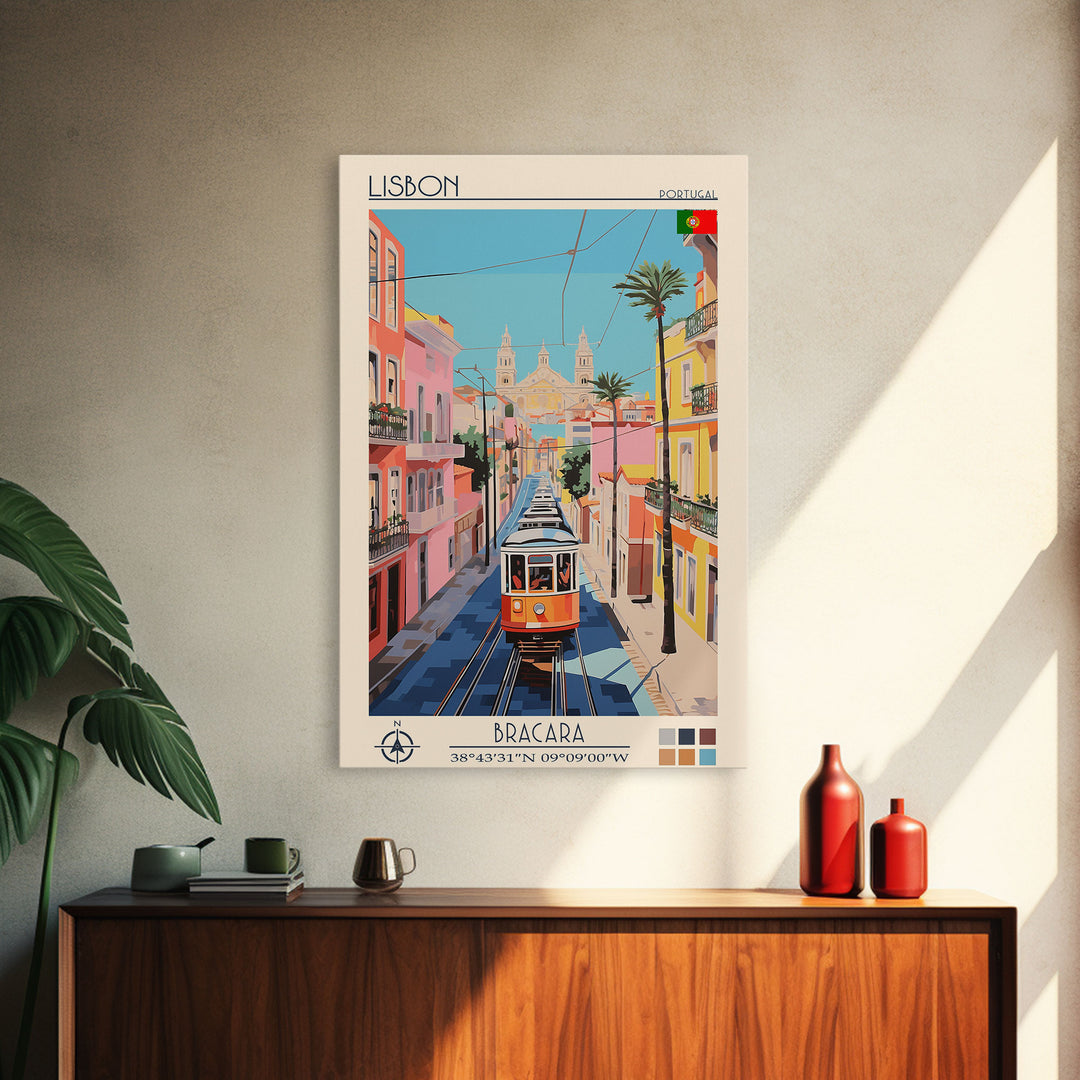 Lisbon Portugal Travel Poster Framed Canvas Print, Midcentury Modern Art, Pop Art Wall Decor, Scenic Art, Living Room and Office Gift