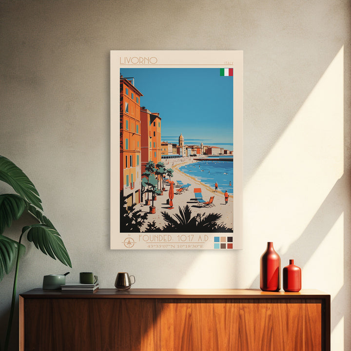 Livorno Italy Travel Poster Framed Canvas Print, Wall Decor, Midcentury Modern Art, Pop Art, Scenic Art for Bedroom and Office