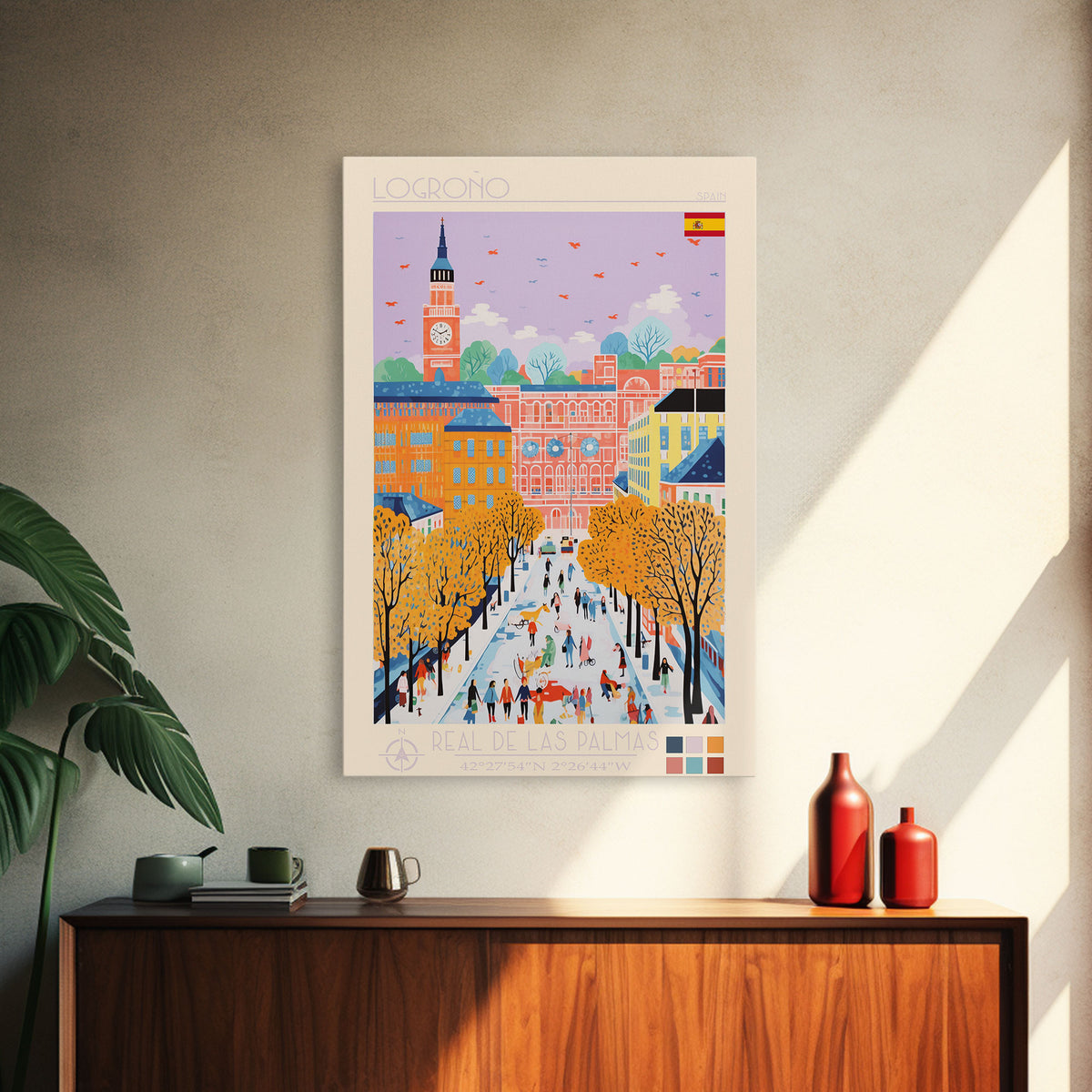 Logroño Spain Travel Poster Framed Canvas Print, Midcentury Modern Art, Pop Art Wall Decor, Scenic Art, Bedroom and Living Room Decor