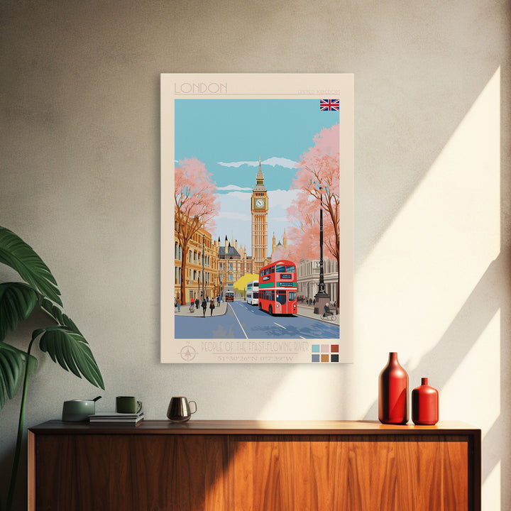 London United Kingdom Travel Poster Framed Canvas Print, Wall Decor, Midcentury Modern Art, Pop Art, Scenic Art for Office and Home