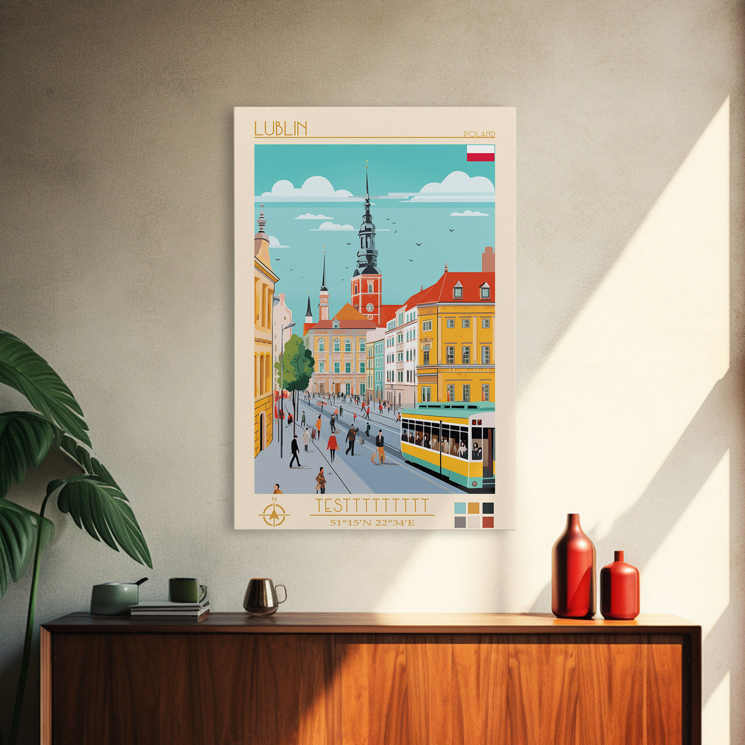 Lublin Poland Travel Poster Framed Canvas Print, Wall Decor, Midcentury Modern Art, Pop Art, Scenic Art for Bedroom and Living Room