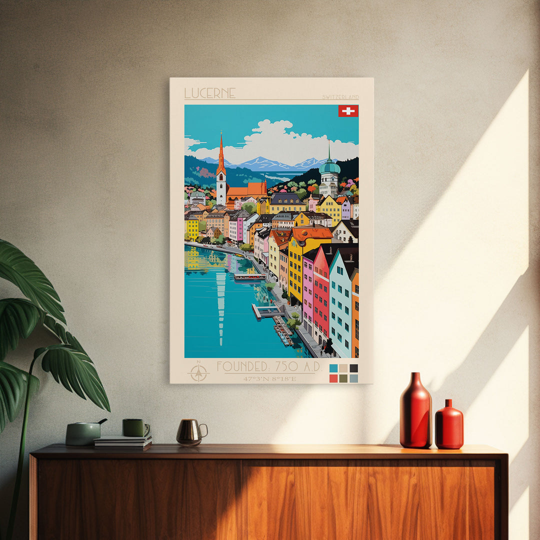 Lucerne Switzerland Travel Poster Framed Canvas Print, Midcentury Modern Art, Pop Art Wall Decor, Scenic Art, Living Room and Office Gift