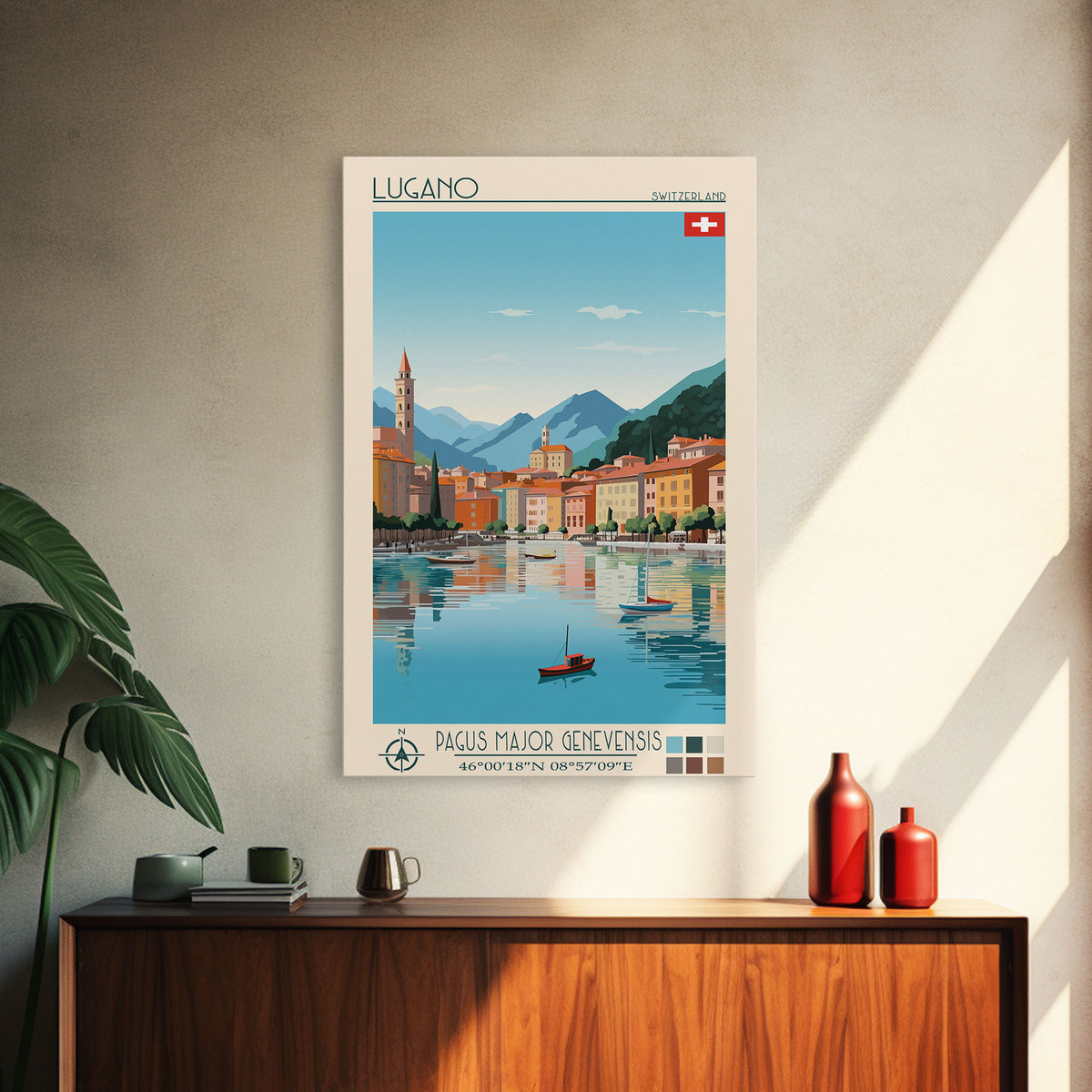 Lugano Switzerland Travel Poster Framed Canvas Print, Midcentury Modern Art, Pop Art Wall Decor, Scenic Art, Bedroom and Living Room Decor