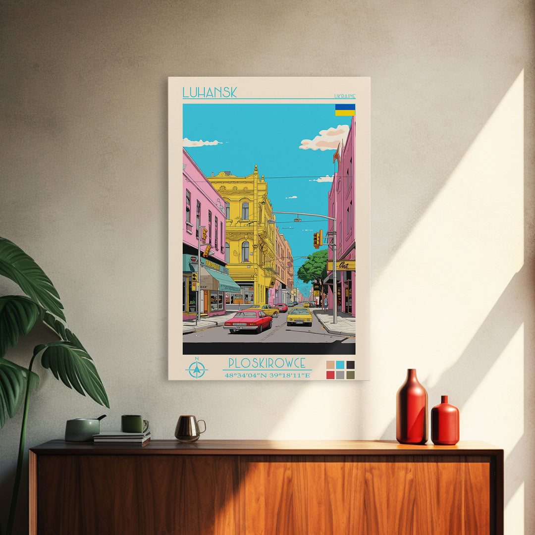 Luhansk Ukraine Travel Poster Framed Canvas Print, Wall Decor, Midcentury Modern Art, Pop Art, Scenic Art for Bedroom and Office
