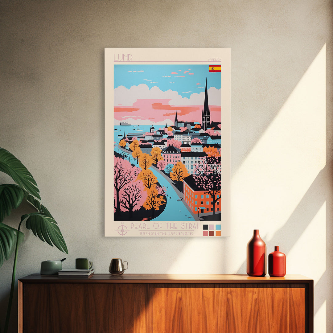 Lund Sweden Travel Poster Framed Canvas Print, Midcentury Modern Art, Pop Art Wall Decor, Scenic Art, Home and Office Decoration