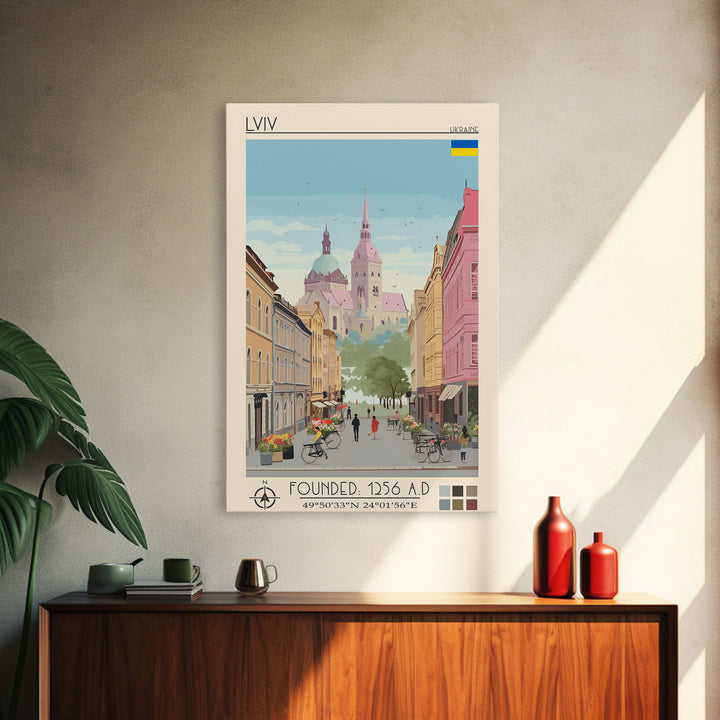 Lviv Ukraine Travel Poster Framed Canvas Print, Wall Decor, Midcentury Modern Art, Pop Art, Scenic Art for Home and Office