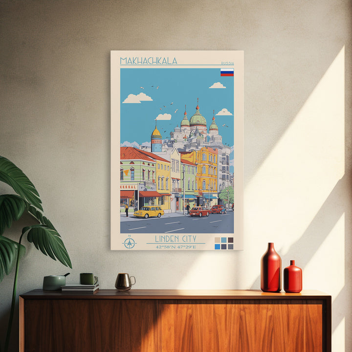 Makhachkala Russia Travel Poster Framed Canvas Print, Midcentury Modern Art, Pop Art Wall Decor, Scenic Wall Art, Living Room Decoration, Office Art