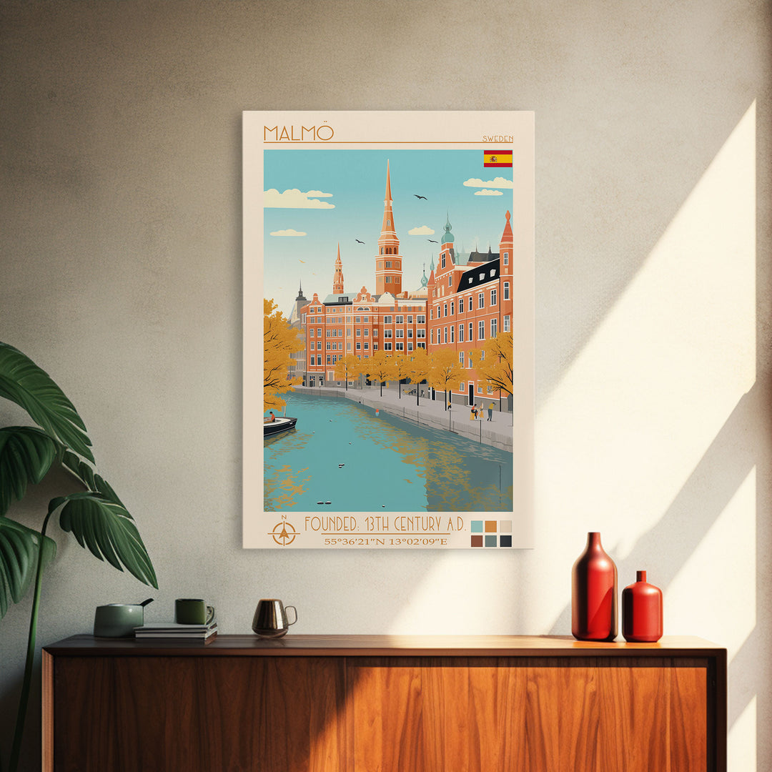 Malmö Sweden Travel Poster Framed Canvas Print, Midcentury Modern Art, Pop Art Wall Decor, Scenic Wall Art, Bedroom Decoration