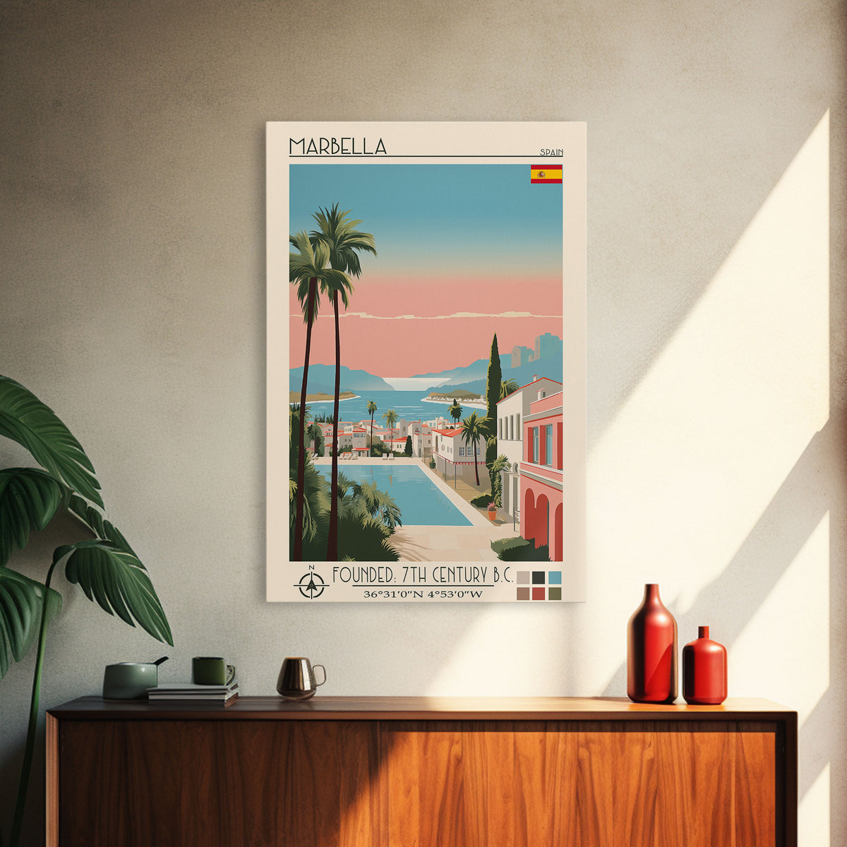 Marbella Spain Travel Poster Framed Canvas Print, Midcentury Modern Art, Pop Art Wall Decor, Scenic Living Room Art, Bedroom Decor