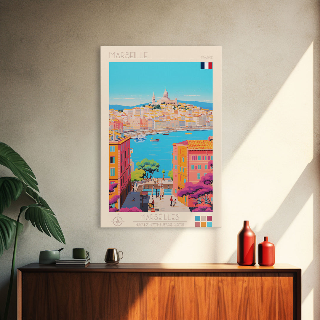 Marseille France Travel Poster Framed Canvas Print, Midcentury Modern Art, Pop Art Wall Decor, Scenic Living Room Art, Bedroom Gift