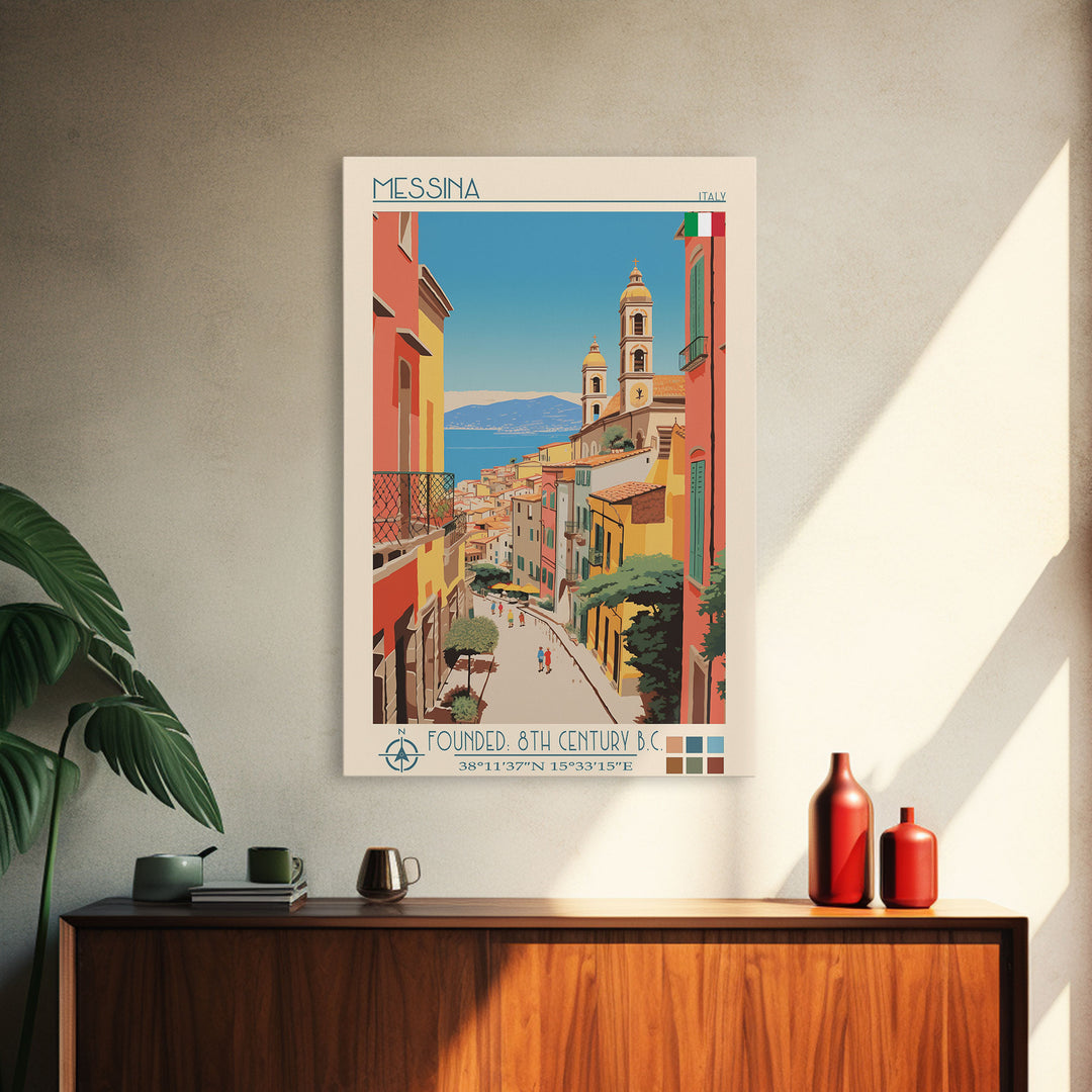 Messina Italy Travel Poster Framed Canvas Print, Midcentury Modern Art, Pop Art Wall Decor, Scenic Wall Art, Bedroom Decoration