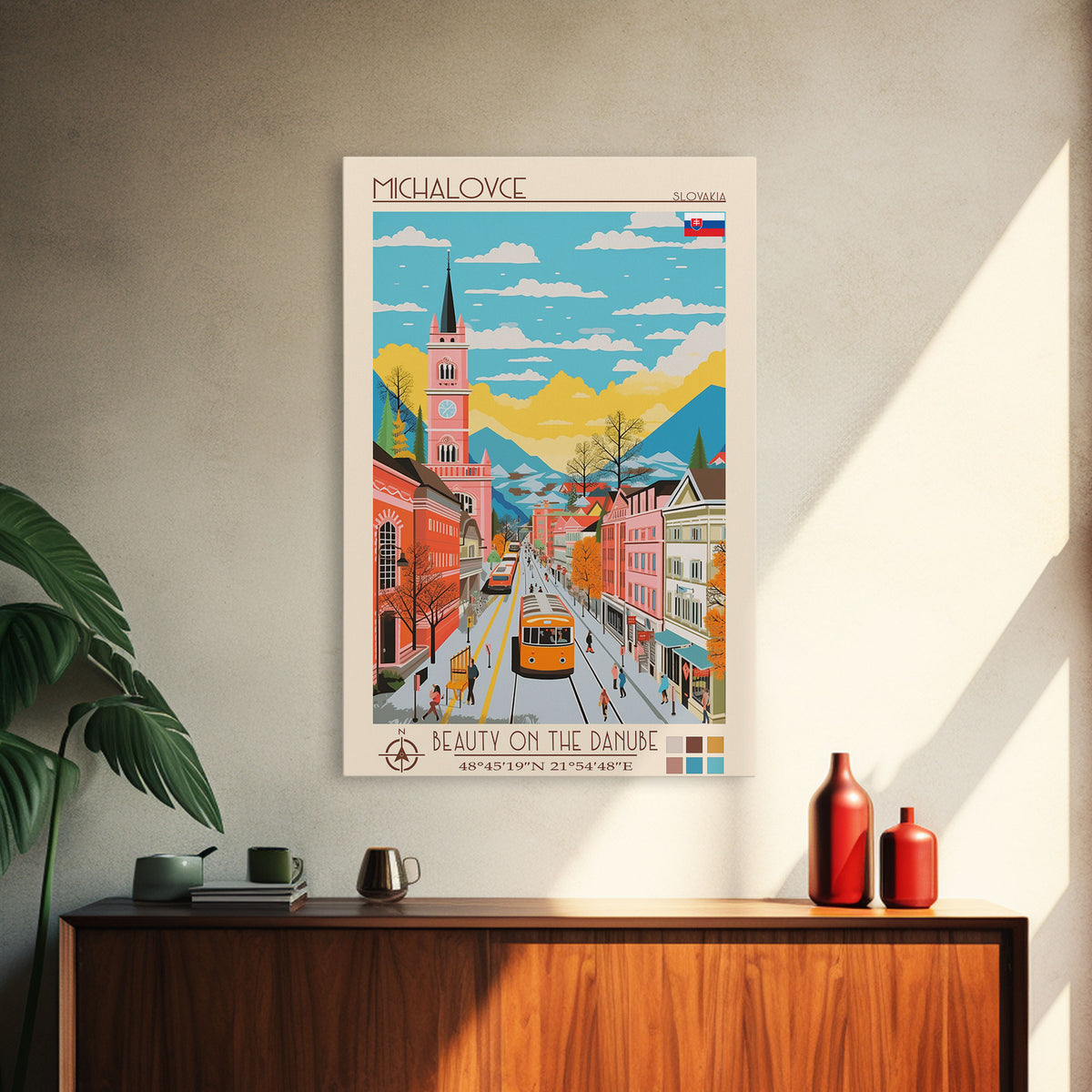 Michalovce Slovakia Travel Poster Framed Canvas Print, Midcentury Modern Art, Pop Art Wall Decor, Scenic Wall Art, Living Room Decoration, Office Art