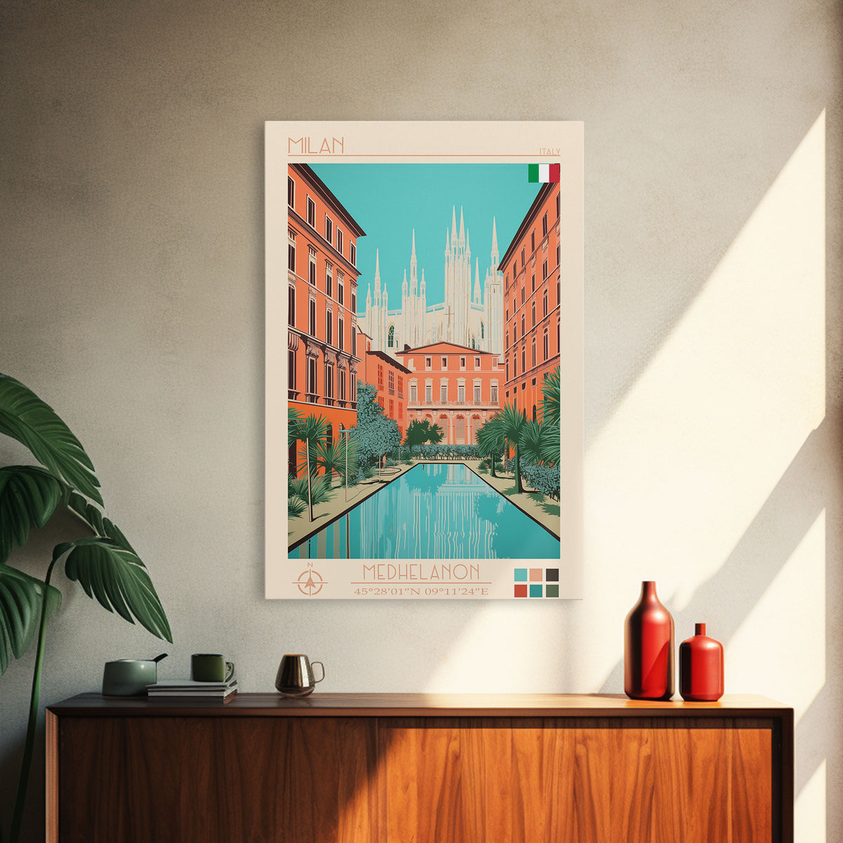 Milan Italy Travel Poster Framed Canvas Print, Midcentury Modern Art, Pop Art Wall Decor, Scenic Bedroom Art, Office Decoration